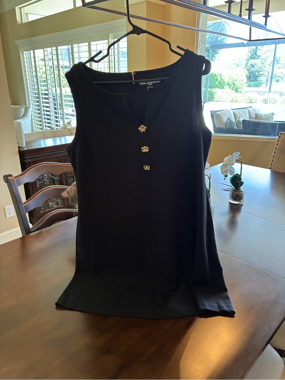 Karl Lagerfeld Black Sleeveless  Dress with Front V And Gold Decorative Buttons